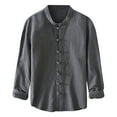 thumbnail image 1 of ohmzyzo Mens long sleeve Cotton Shirt Button up Loose Fit Vintage Shirts Banded Collar Tops Solid Color Breathable Shirt, 1 of 3