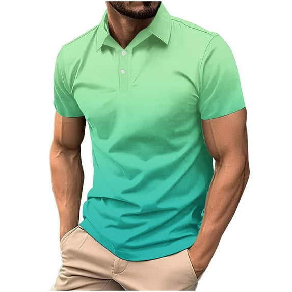 ohmzyzo Polo Shirts for Men Casual Short Sleeve Button Down Summer Tee Tops Trendy Comfy Gradient Color Tees Outdoor Golf Workout Shirts Mint Green XXL
