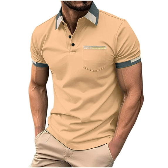 ohmzyzo Polo Shirts for Men Lightweight Short Sleeve Collared Button Down Golf Tops Summer Slim Fit Athletic Sports Basic Tees with Pocket Khaki L