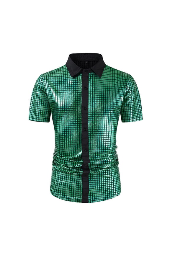 Retro 70s Disco Shirts for Men Short Sleeve Button Down Shirt Sequin Metallic Shiny Outfits Party Prom Costume Blouses Green M