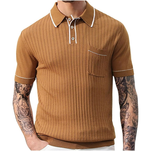 ohmzyzo Ribbed Polo Shirts for Men Short Sleeve Lapel Tee Tops Casual Button Down Lightweight Shirts Summer Golf Tees with Pocket