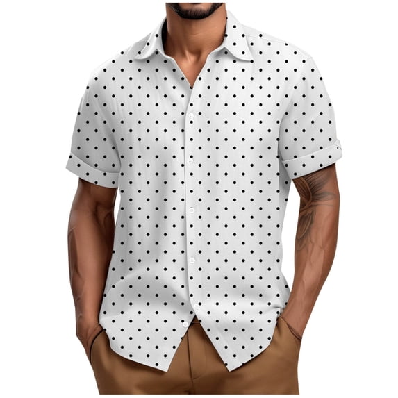 ohmzyzo Short Sleeve Button Down Shirts for Men Casual Vintage Polka Dot Shirts Summer Beach Shirt White XXL