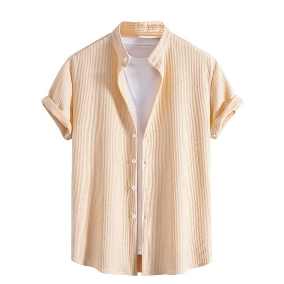 ohmzyzo Short Sleeve Button Down Shirts for Men Lapel Solid Color Summer Shirts Casual Loose Fit Lightweight Blouse