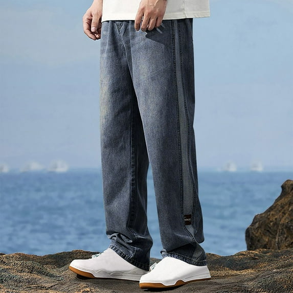 ohmzyzo Skinny Jeans for Men Stretch Slim Fit Ripped Denim Trousers Casual Tapered Leg Streetwear Outdoor Solid Color Pants with Pockets Dark Blue 31