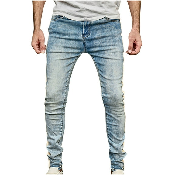 ohmzyzo Skinny Jeans for Men Stretch Slim Fit Ripped Denim Trousers Casual Tapered Leg Streetwear Outdoor Solid Color Pants with Pockets Sky Blue M