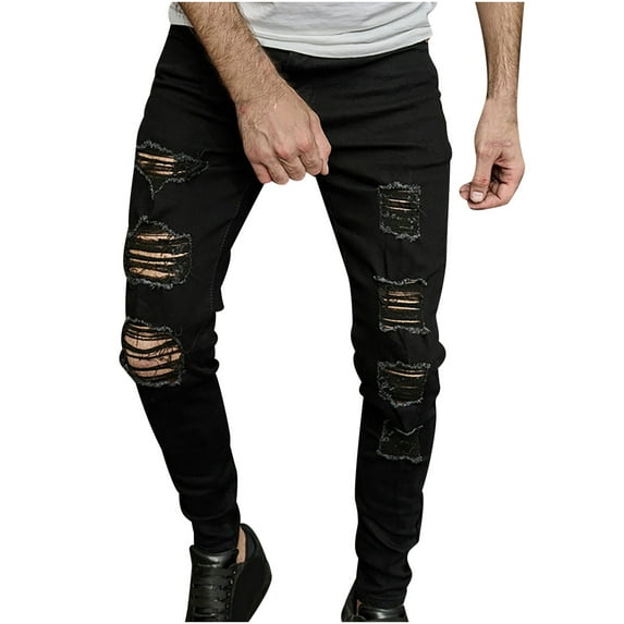 ohmzyzo Skinny Jeans for Men Stretch Slim Fit Ripped Denim Trousers Casual Tapered Leg Streetwear Outdoor Solid Color Pants with Pockets XL