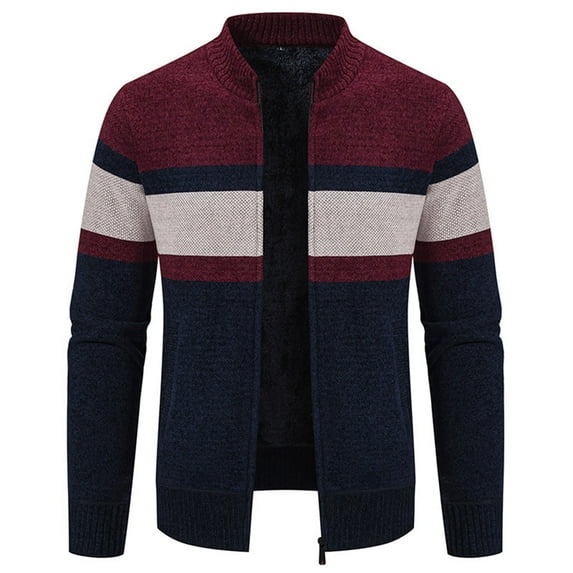 ohmzyzo Sweaters for Men Full Zip Cardigan Sweaters Casual Cable Knitted Stand Collar Coats Slim Fit Thermal Tops for Men Color Blocked Tops Wine Red L