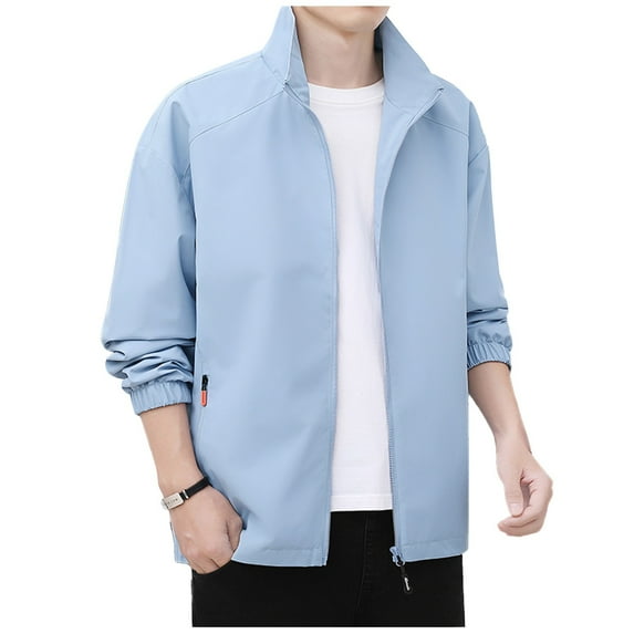 ohmzyzo Windproof Jackets for Men Full Zip Up Coats Lightweight Soft Warm Long Sleeve Jackets Stand Collar Color Solid Tops with Pockets Blue 3XL