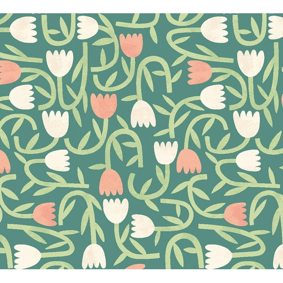 ohpopsi Aino Green Tiny Tulip Unpasted Non Woven Wallpaper, 19.7-in by 33-ft., 54.2 sq. ft.
