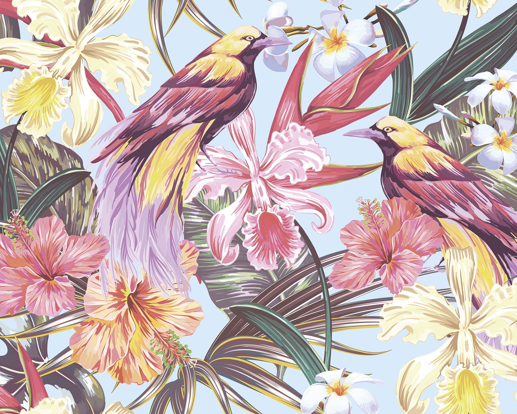 Blue Tropical Exotic Birds and Flowers Wall Mural