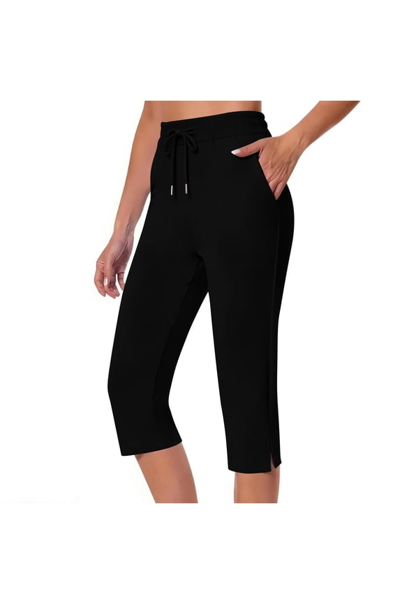 Capri Pants for Women Elastic High Waisted Capris Split Hem Cropped Trousers with Pockets Black