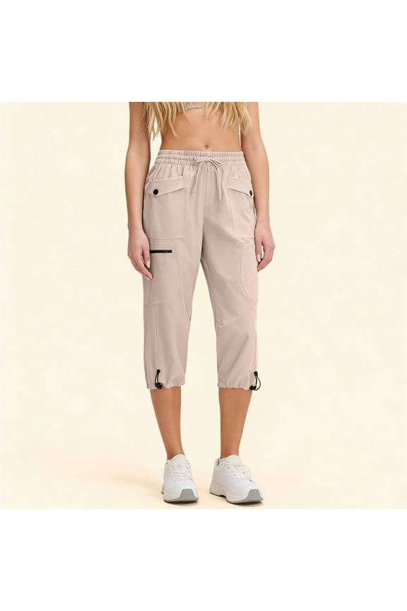Capri Pants for Women Moisture-Wicking Hiking Cropped Pants Multi-Pocket Workout Capris with Adjustable Legs Khaki