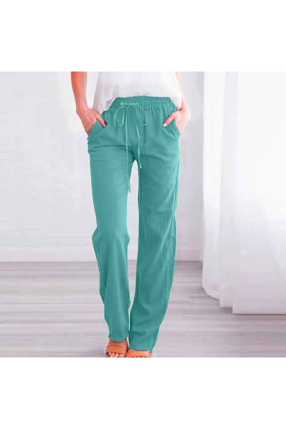 Cotton Linen Pants Women Casual Straight Leg Trousers Elastic Waist Drawstring Baggy Pant with Pockets Sky Blue L