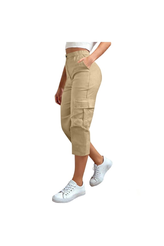 Plus Size Capris for Women Button Elastic Waist Hiking Pants Casual Outdoors Cargo Track Pants with Multi-Pocket Khaki 5XL