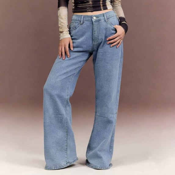 Oiangi Plus Size Womens Jeans Straight Leg Denim Pants Casual Slimming Wide Leg Trousers with Pockets Light Blue S