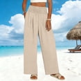 thumbnail image 1 of oiangi Wide Leg Pants Boho Smocked Elastic Waist Trousers Summer Beach Vacation Palazzo Pant with Pockets Khaki L, 1 of 9