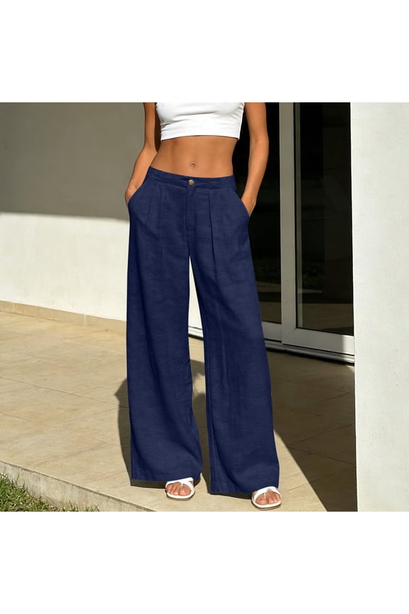 Wide Leg Pants for Women Button Elastic Waist Palazzo Pant Casual Flowy Straight Leg Trousers Navy M