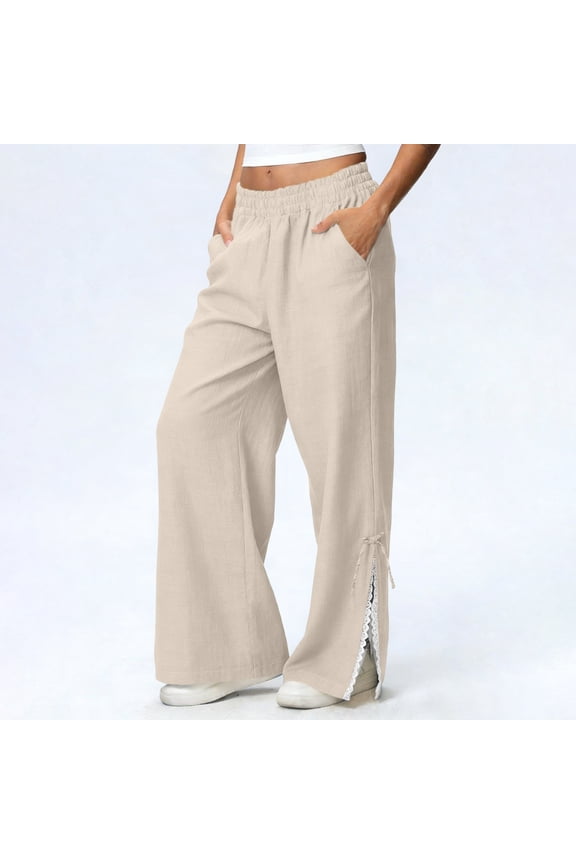 Wide Leg Pants for Women Cotton Linen Elastic Waist Palazzo Pant Lace Trim Split Hem Trousers with Pockets Beige