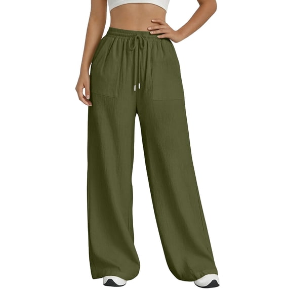 Oiangi Women's Cotton Linen Pants Drawstring Elastic Waist Pant Casual Loose Fit Palazzo Trousers with Pockets Army Green L