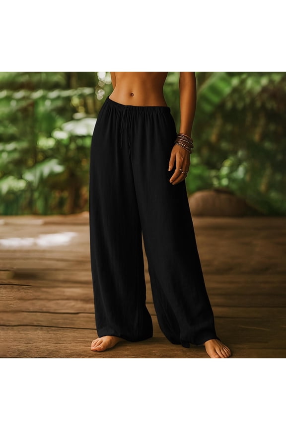 Women's Wide Leg Pants Elastic Waist Drawstring Palazzo Pant Casual Loose Flowy Trousers for Summer Vacation Travel Black XL