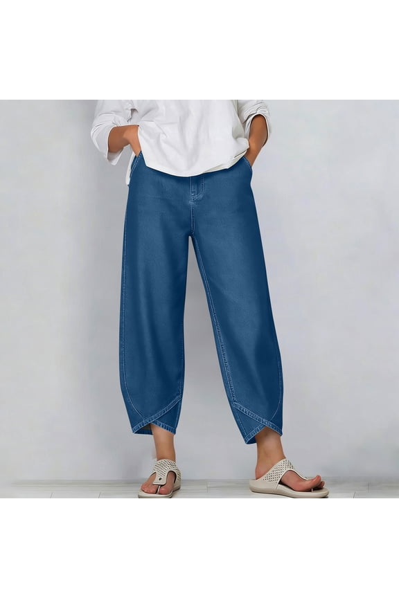 Womens Faux Jeans Casual Loose Petal Hem Pants Elastic Waist Loose Denim-Like Crop Pants Blue S