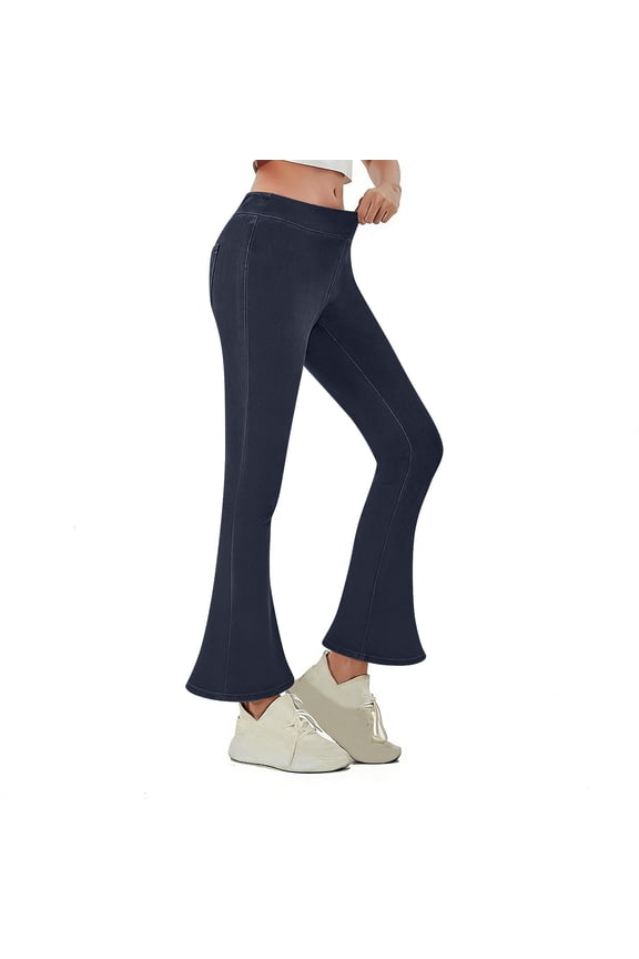 Womens Flare Leggings Elastic Hight Waist Stretchy Yoga Pants Trendy Solid Pockets Trousers,S-3XL Navy