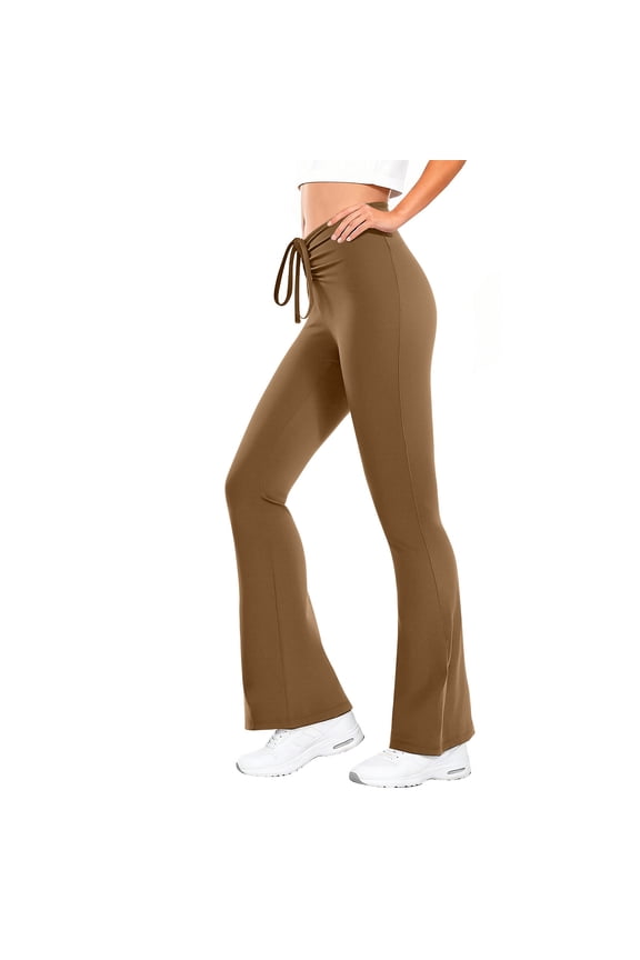 Womens Flare Leggings High Waisted Drawstring Elastic Yoga Pants for Workout Athletic Khaki
