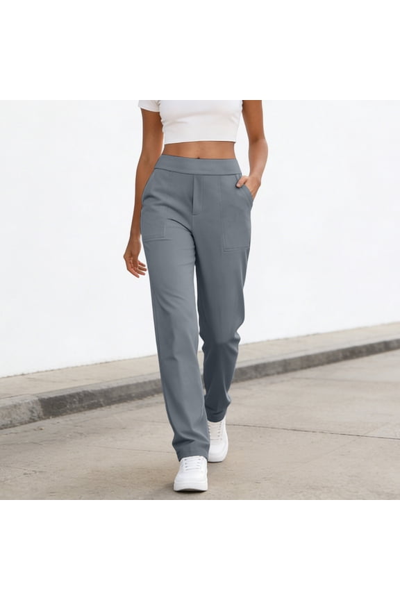 Womens Yoga Pants Elastic High Waist Pants Casual Work Straight Leg Toursers with Pockets Dark Gray
