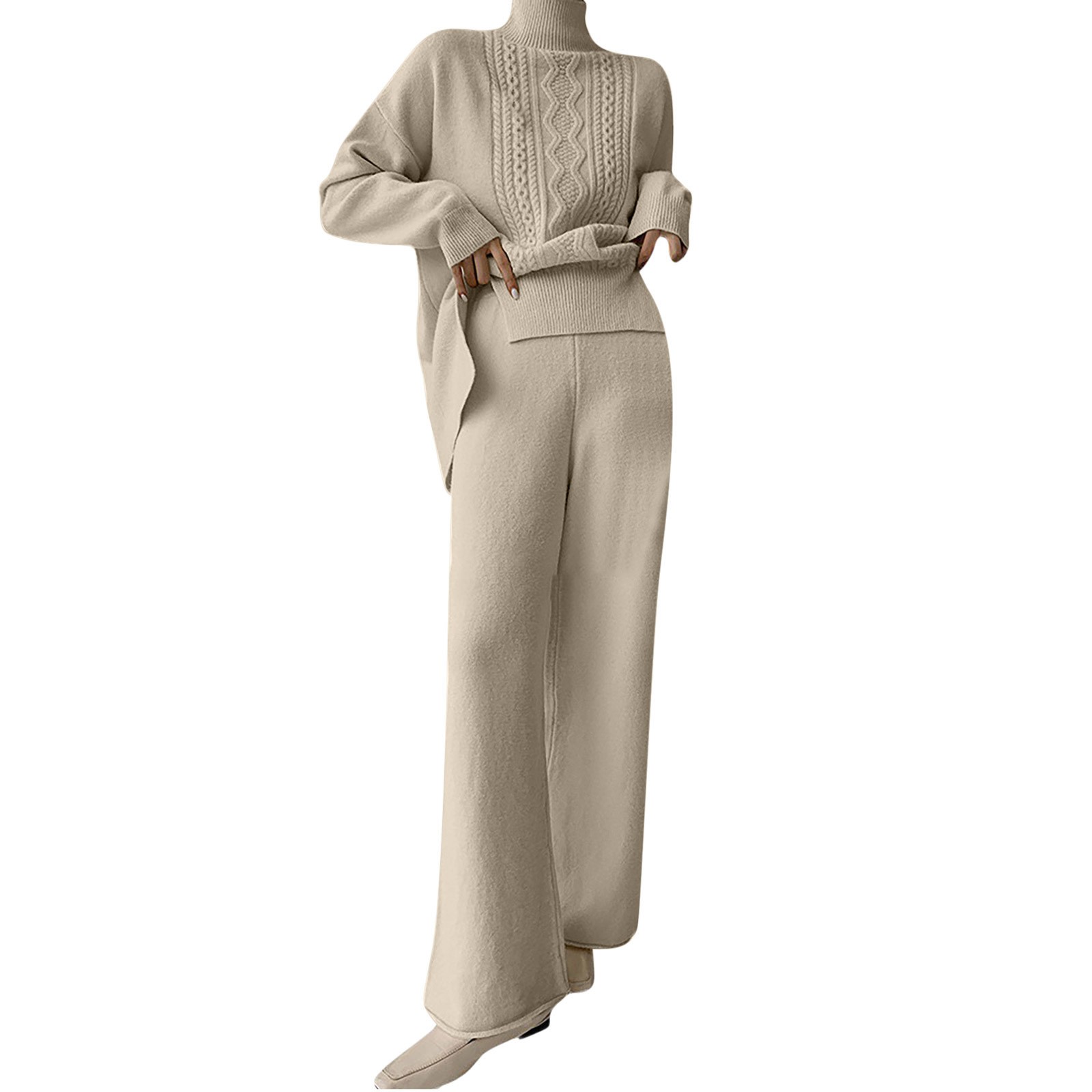 oieyuz 2 Piece Outfits Sweater Set for Women High Neck Sweater Wide Leg