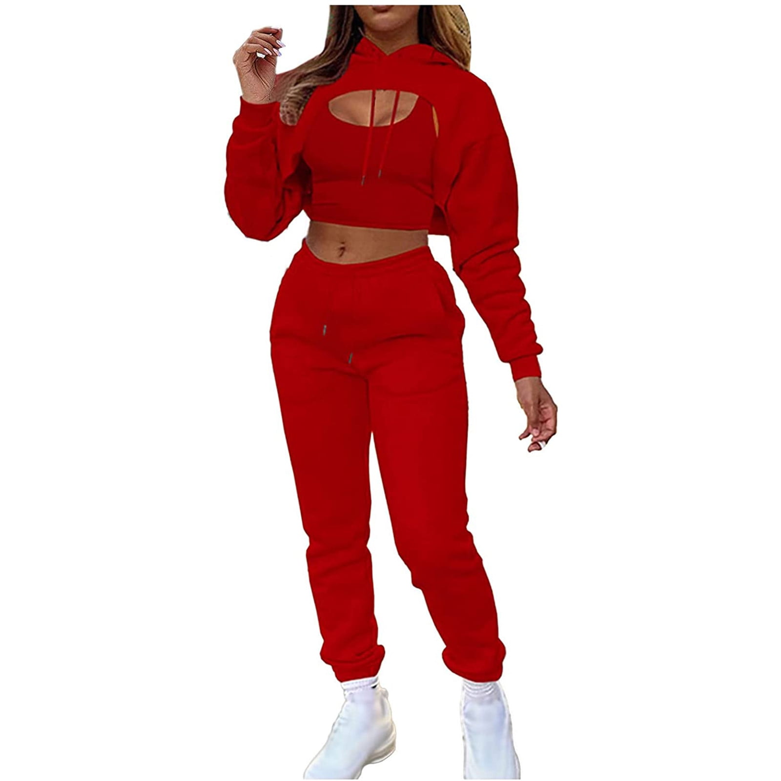 oieyuz 3 Piece Workout Sets for Women Trendy Hooded Tanks Sweatshirt Cinch  Bottom with Pocket Pants Tracksuits 