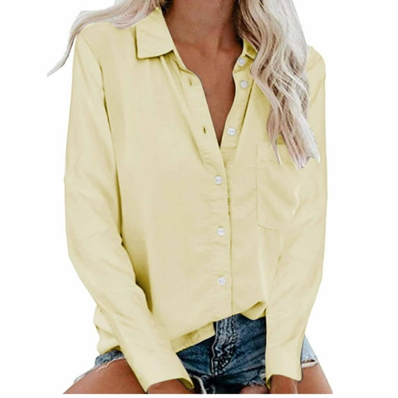 oieyuz Button Down Shirts for Women Business Long Sleeve Lapel Tops Regular Solid Color Blouses