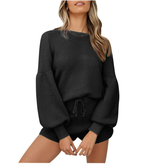 Diufon Womens Casual Shorts Suits Solid Color Lantern Long Sleeved Tops Drawstring Straight Shorts Lounge Set