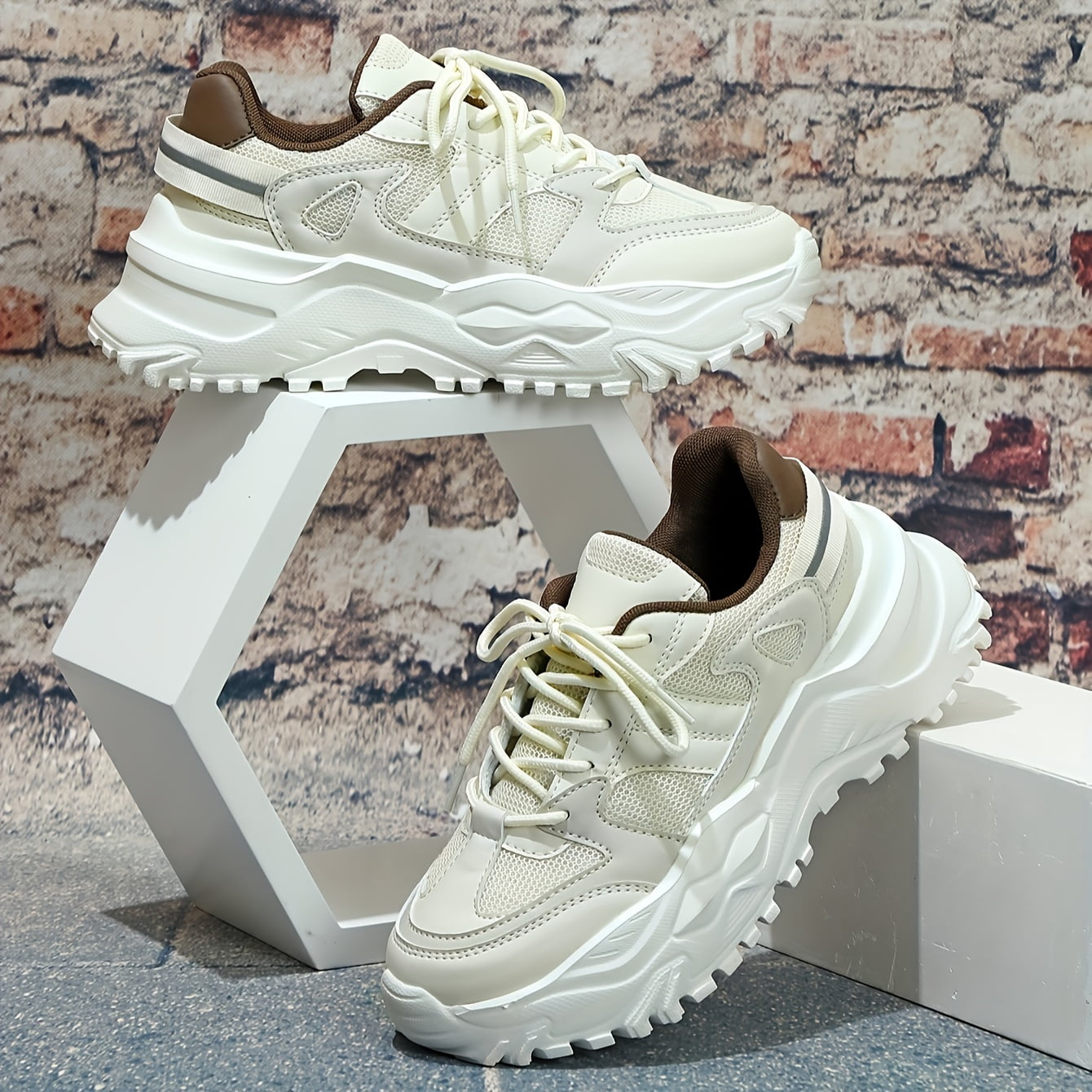 oiky Solid Color Faux Leather Heighten Chunky Sneakers Wear Resistance Non Slip Shock Absorption