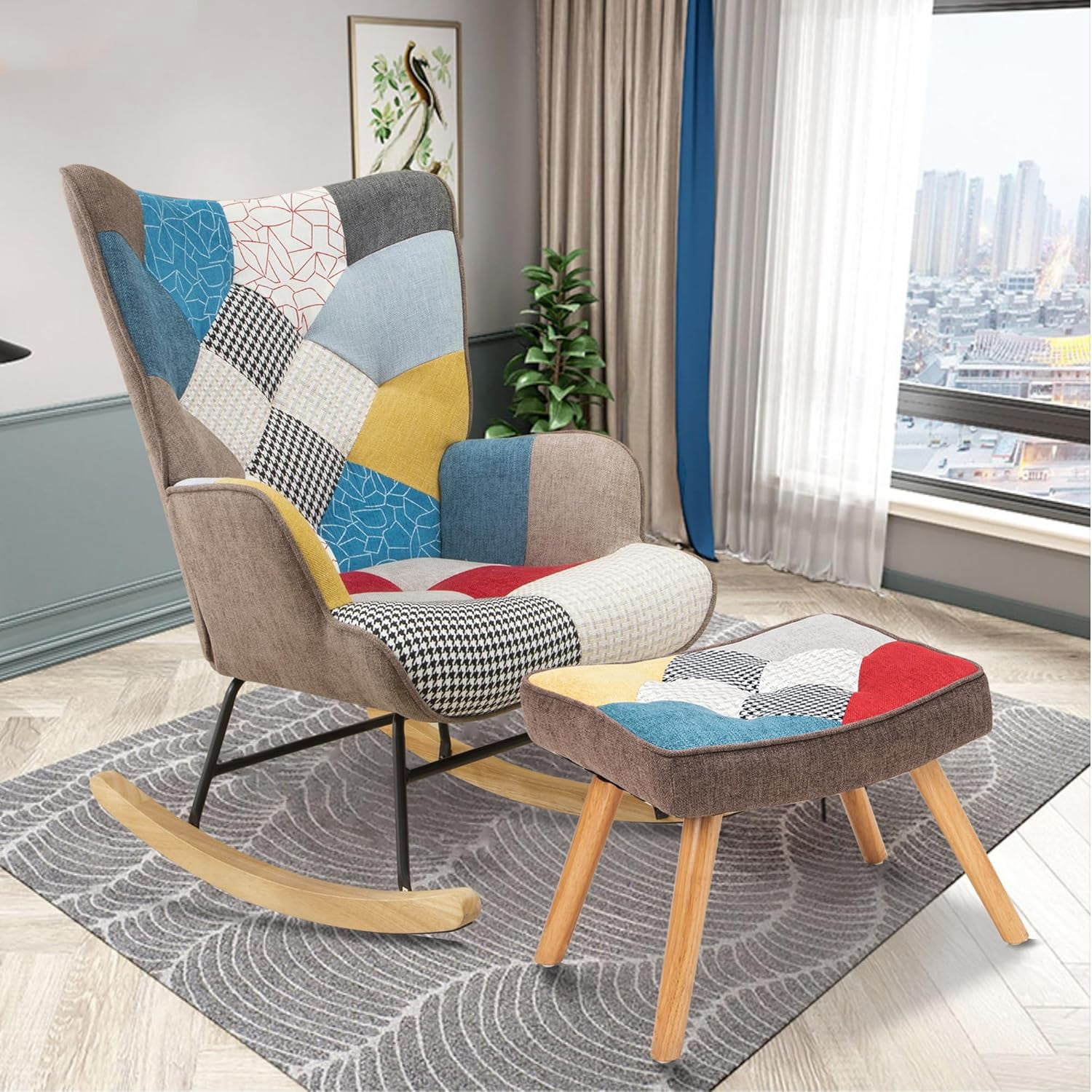 ojinbgh Patchwork Rocking Chair with Ottoman Upholstered Rocker Accent ...