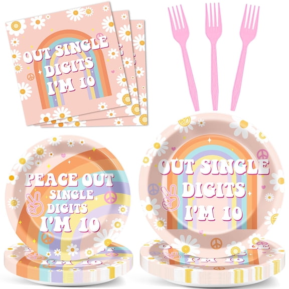 ojustbeok 96PCS 10th Birthday Party Supplies Peace Out Single Digits I'm 10 Tableware Set 10th Birthday Plates and Napkins for Girls Boho Groovy 10th Baby Shower Party Decorations for 24 Guests Y114