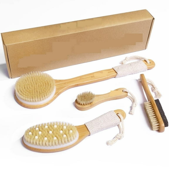 Natural Boar Bristle Dry Brush - Exfoliating Body, Face & Foot Brush, Long Handle Back Scrubber, Meridian Pressure for Lymphatic Drainage & Cellulite