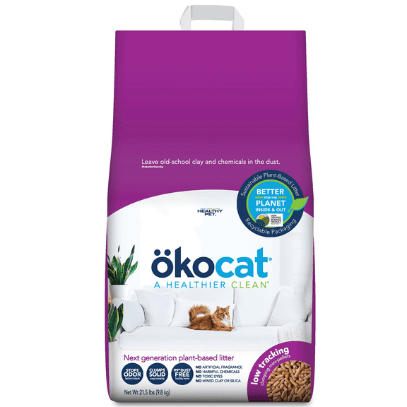 okocat Low Tracking, Less Mess Cat Litter, Clumping Wood Pellets, Dust Free, Unscented, 21.5 lbs.
