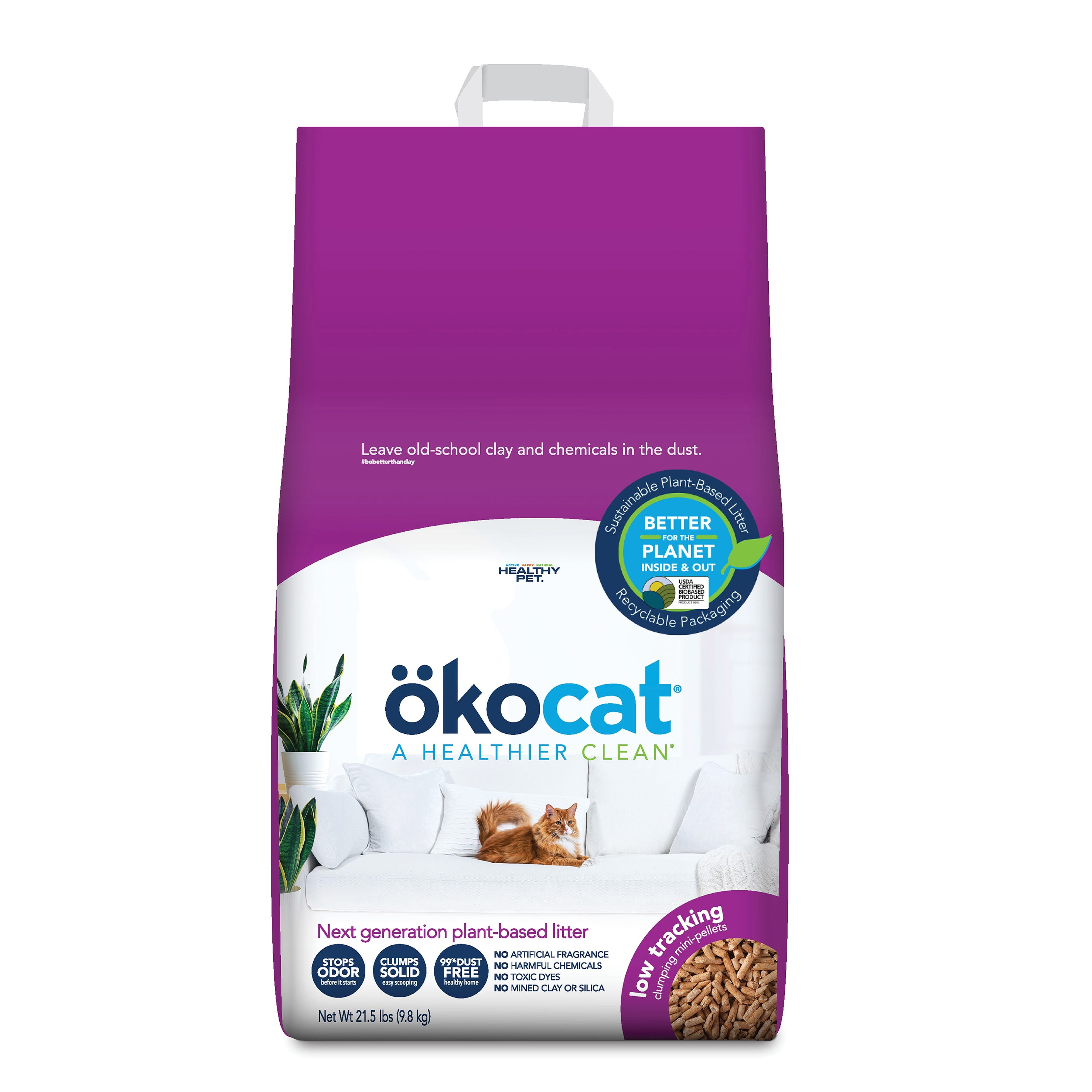 okocat Low Tracking, Less Mess Cat Litter, Clumping Wood Pellets, Dust Free, Unscented, 21.5 lbs.