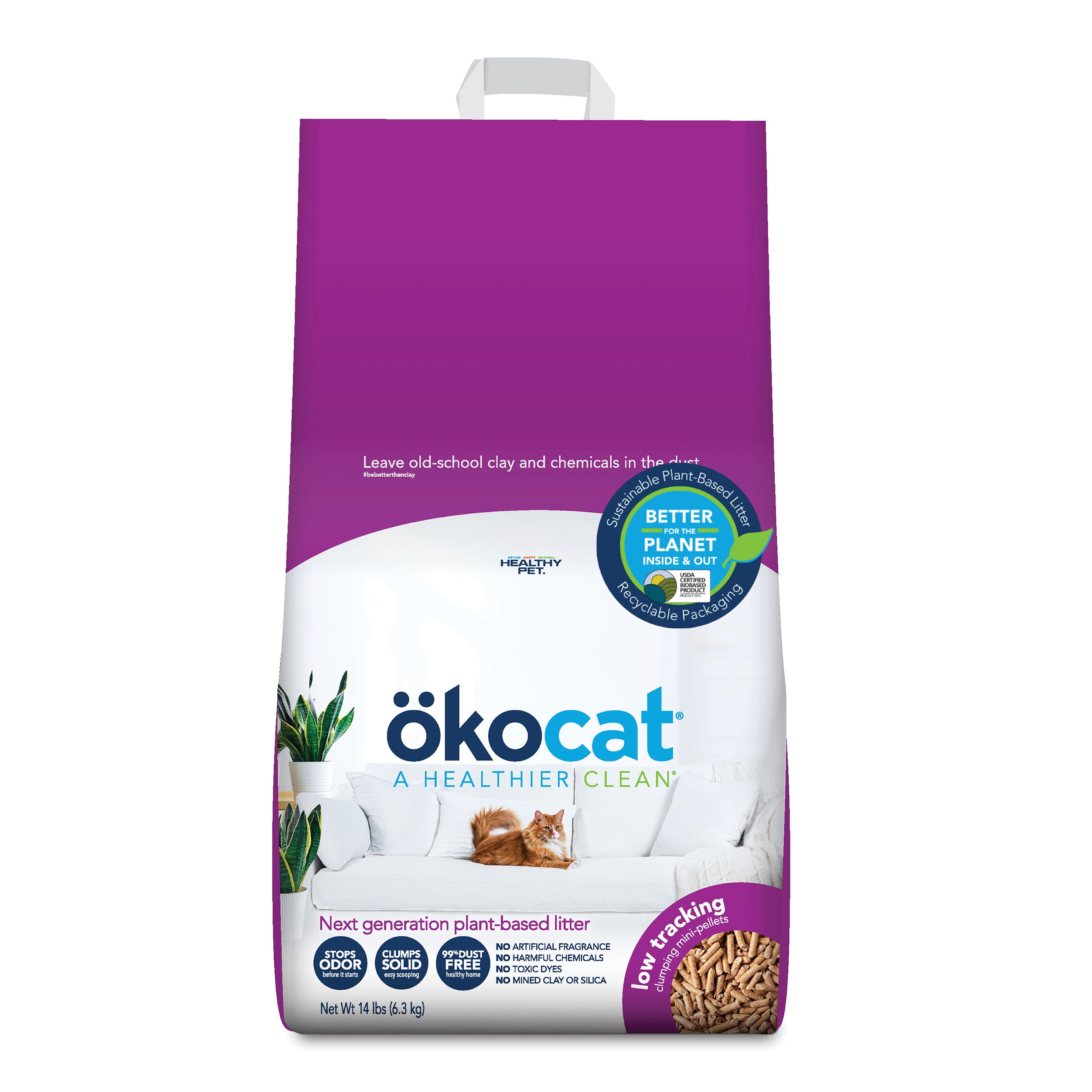 okocat Low Tracking, Less Mess Clumping Natural Wood Pellet Cat Litter, Dust Free, Unscented 14.0 lbs