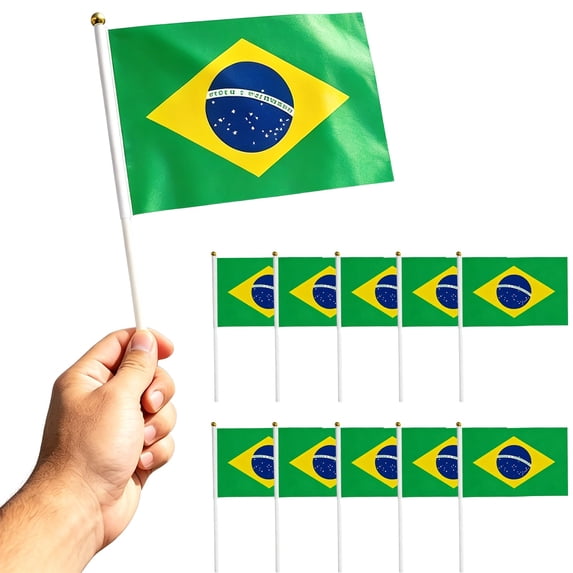 olkpmnmk 10Pcs Hand Held Small Miniature Brazil Flags on Stick, World Cup Hand Waving Cheering Flags Brazil National Flag, Sports Event Decorations, Party Cheer Supplies