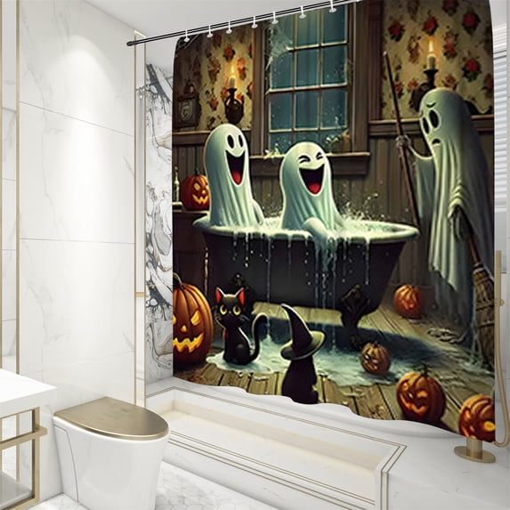olkpmnmk 1Pc Halloween Shower Curtain, Fabric Cute Halloween Bathroom Shower Curtain, Machine Washble Pumpkin Shower Curtain Set for Halloween Bathroom Shower Farmhouse Indoor Decor, 71x71 Inch