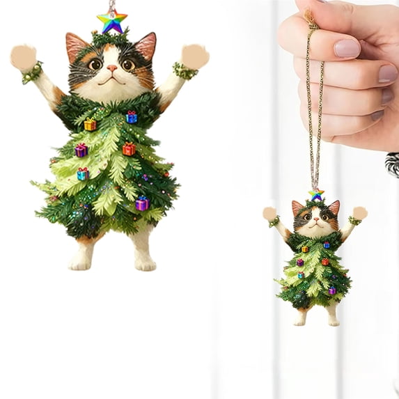 olkpmnmk 1Pcs 2D Flat Acrylic Hanging Cute Cat Christmas Ornament Set, Christmas Ornaments Cat Dressed in Christmas鈥慣ree Outfit Pendant, Christmas Pendants Hanging Decor, Cat Christmas Ornament