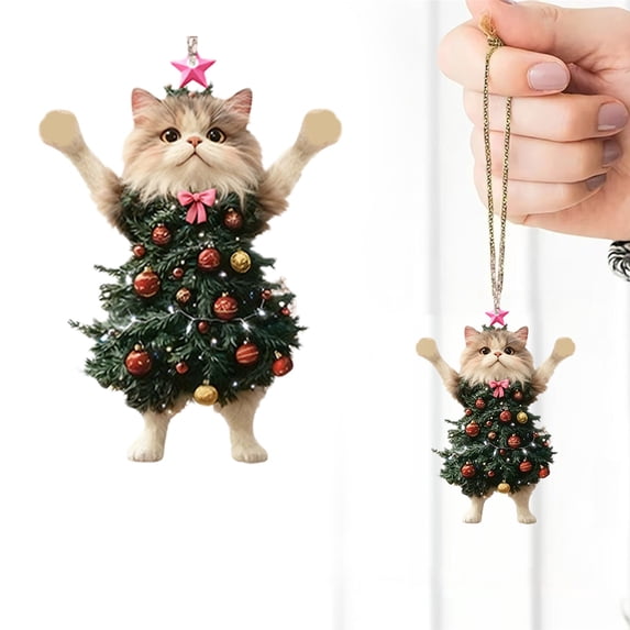 olkpmnmk 1Pcs 2D Flat Acrylic Hanging Cute Cat Christmas Ornament Set, Christmas Ornaments Cat Dressed in Christmas鈥慣ree Outfit Pendant, Christmas Pendants Hanging Decor, Cat Christmas Ornament