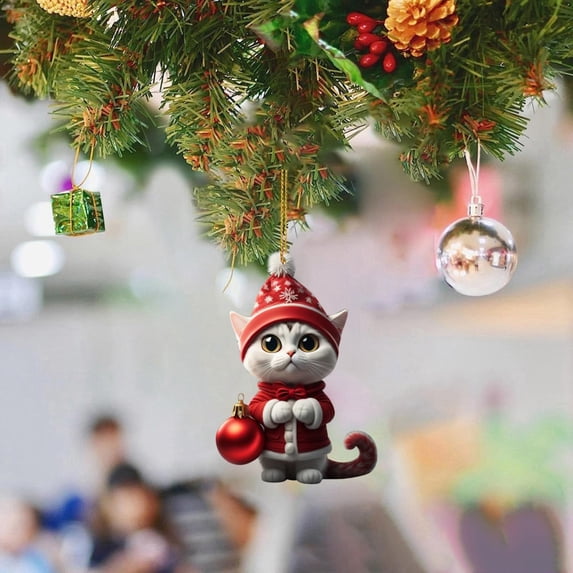olkpmnmk 1Pcs 2D Flat Acrylic Hanging Cute Cat Christmas Ornament Set, Christmas Ornaments Cat with Santa Hat, Teacup & Ball, Xmas Tree Accessories Christmas Pendants Hanging, Cat Christmas Ornament