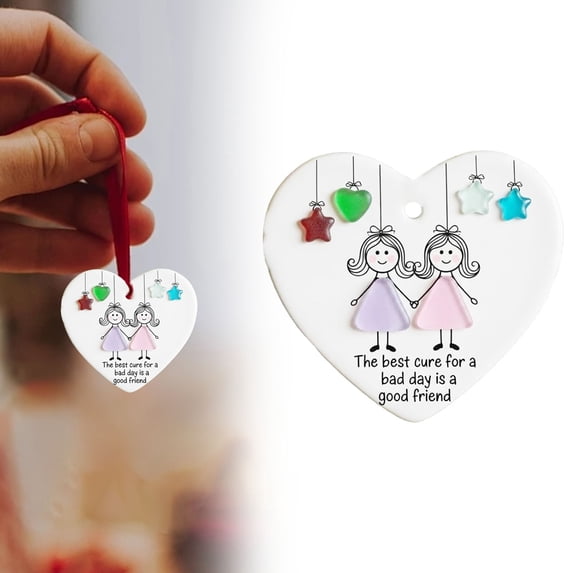 olkpmnmk 2D Flat Acrylic Friendship Hanging Pendant, Heart‑Shaped Ornament with Two Holding‑Hands Little Girls & Colorful Star‑Heart Charms Hanging Decor for Friendship Gift Home Wall Window Decor