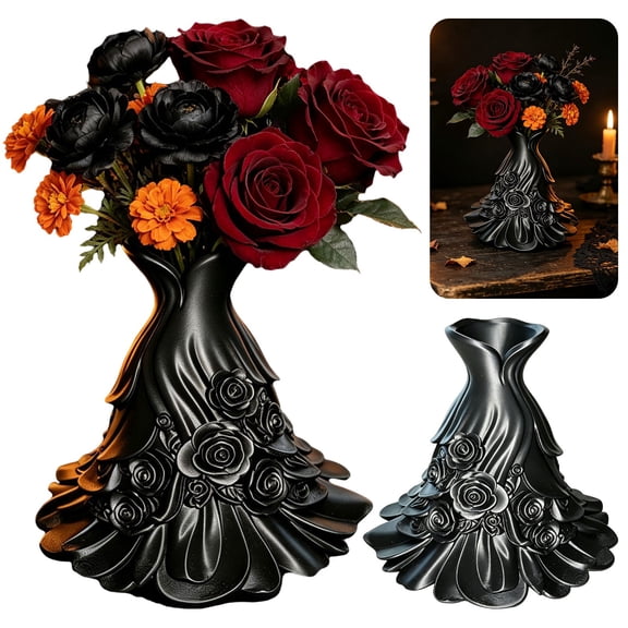 olkpmnmk 3D Printed Gothic Dress Shaped Gothic Planter, Gothic Flower Vase, Unique Rose Embossed Sculptural Gothic Skirt Gothic Vase, Halloween Flower Vase for Tabletop Mantel Shelf Home Decoration