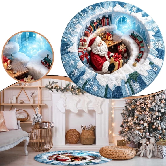 olkpmnmk 3D Visual Effect Round Christmas Rug, Santa Workshop Optical Illusion Rugs, 3D Area Rugs, 3D Rugs Optical Illusion, Non Slip Christmas Door Mat For Entryway Living Room Home Holiday Decor