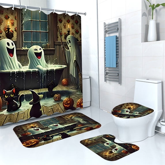 olkpmnmk 4Pcs Halloween Shower Curtain, Waterproof Shower Curtain Set, Shower Curtain U Mat Toilet Cover Combo, Machine Washble Pumpkin Shower Curtain Set for Halloween Bathroom Shower Indoor Decor