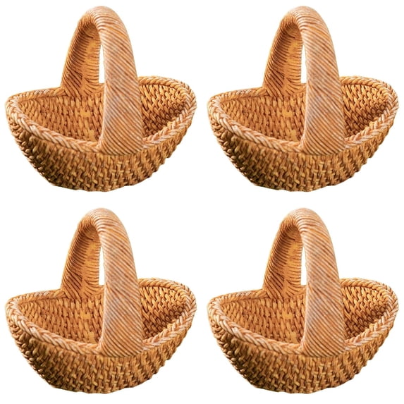 olkpmnmk 4Pcs Imitation Small Wicker Basket, Mini Simulated Rattan Resin Tiny Basket, Small Wicker Basket with Handle, Mini Woven Basket for Dollhouse, Fairy Garden DIY Landscape Ornament