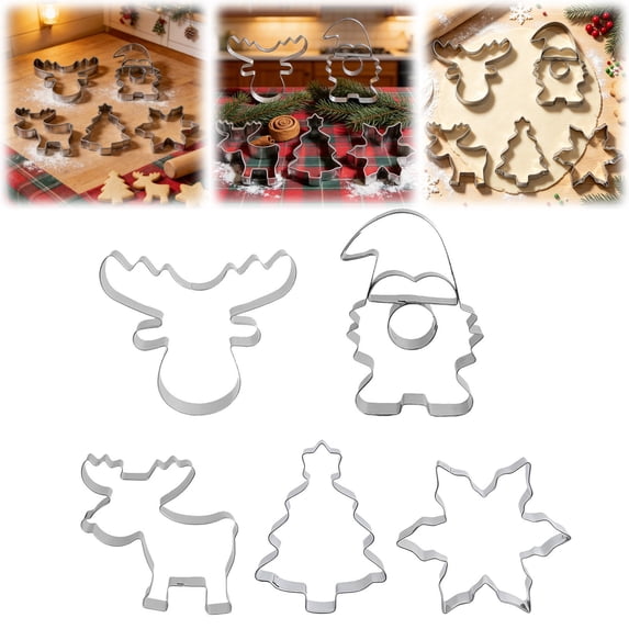 olkpmnmk 5Pcs Christmas Baking Molds, Stainless Steel Christmas Cookie Cutter Set, Reindeer Head, Standing Reindeer, Gnome, Christmas Tree, Snowflake Shapes,Metal Cookie Cutters for Xmas Party Baking